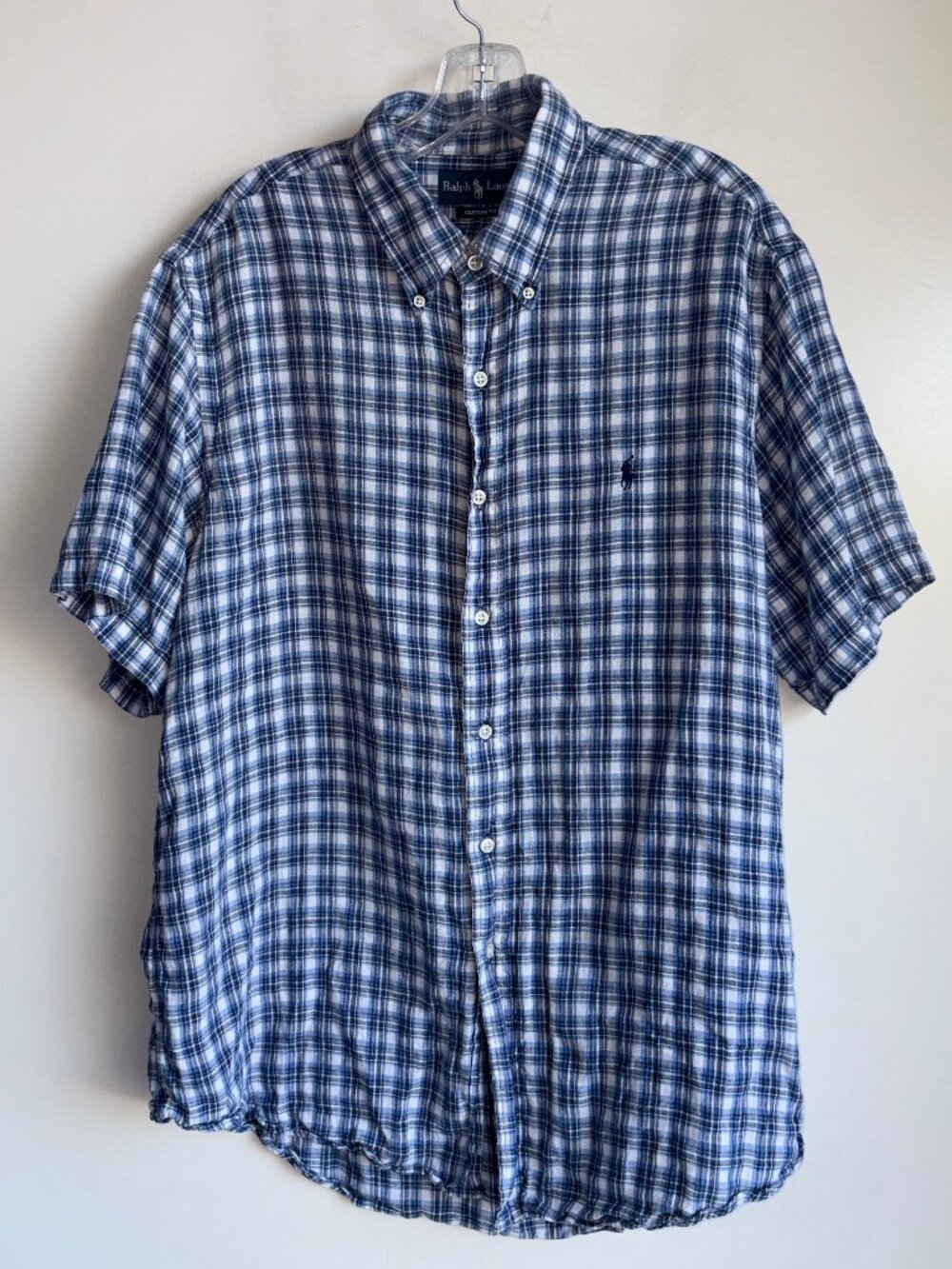 Ralph Lauren Linen Short Sleeve Shirt Men's XL Blue Plaid